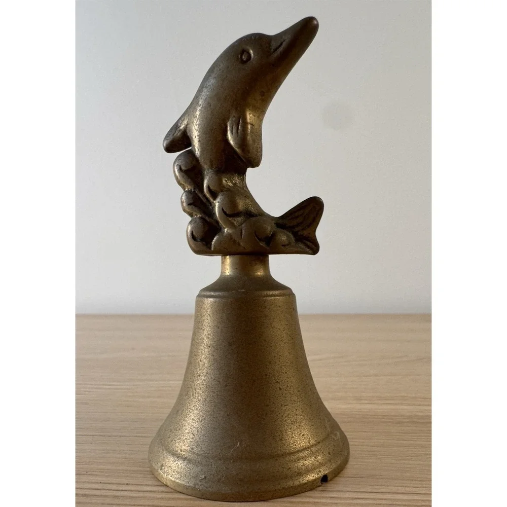 Vintage Solid Brass Dolphin Bell Hand Bell Nautical Coastal Beach House Decor